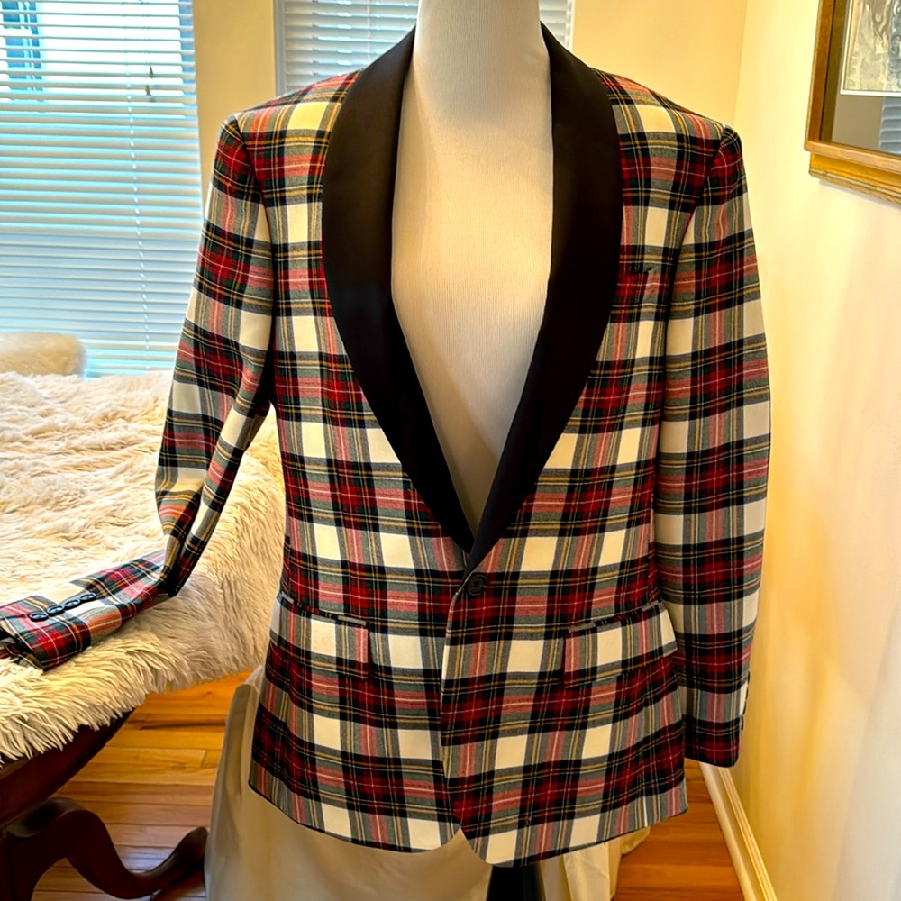 perfect J.Crew Ludlow Snowy Stewart plaid shawl collar dinner jacket